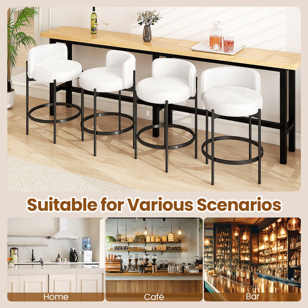 Set of 2 24-inch boucle counter stools with curved backrest, ideal for home kitchens, cafes, or bars.