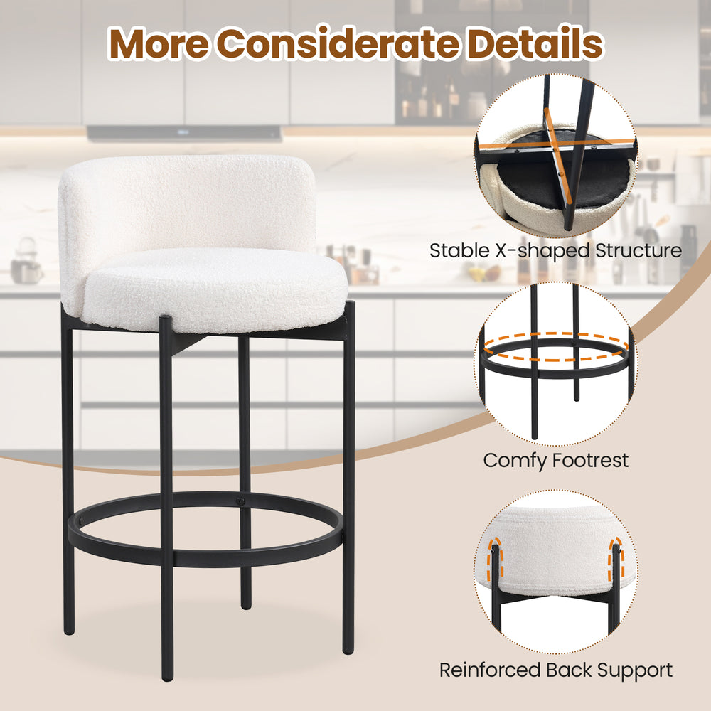 Curved backrest 24-inch boucle counter stool with Sherpa fabric and sturdy X-shaped metal frame, ideal for kitchens and.