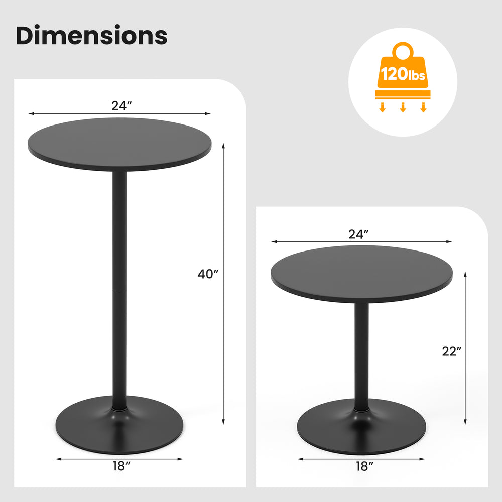 Round cocktail table with a 40" height, black metal base, and MDF top, suitable for weddings and bars.