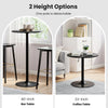 Modern round cocktail table with a black metal base, featuring 40-inch and 22-inch height options for versatile use.