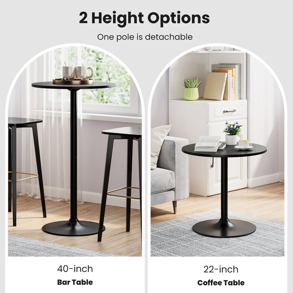 Modern round cocktail table with a black metal base, featuring 40-inch and 22-inch height options for versatile use.