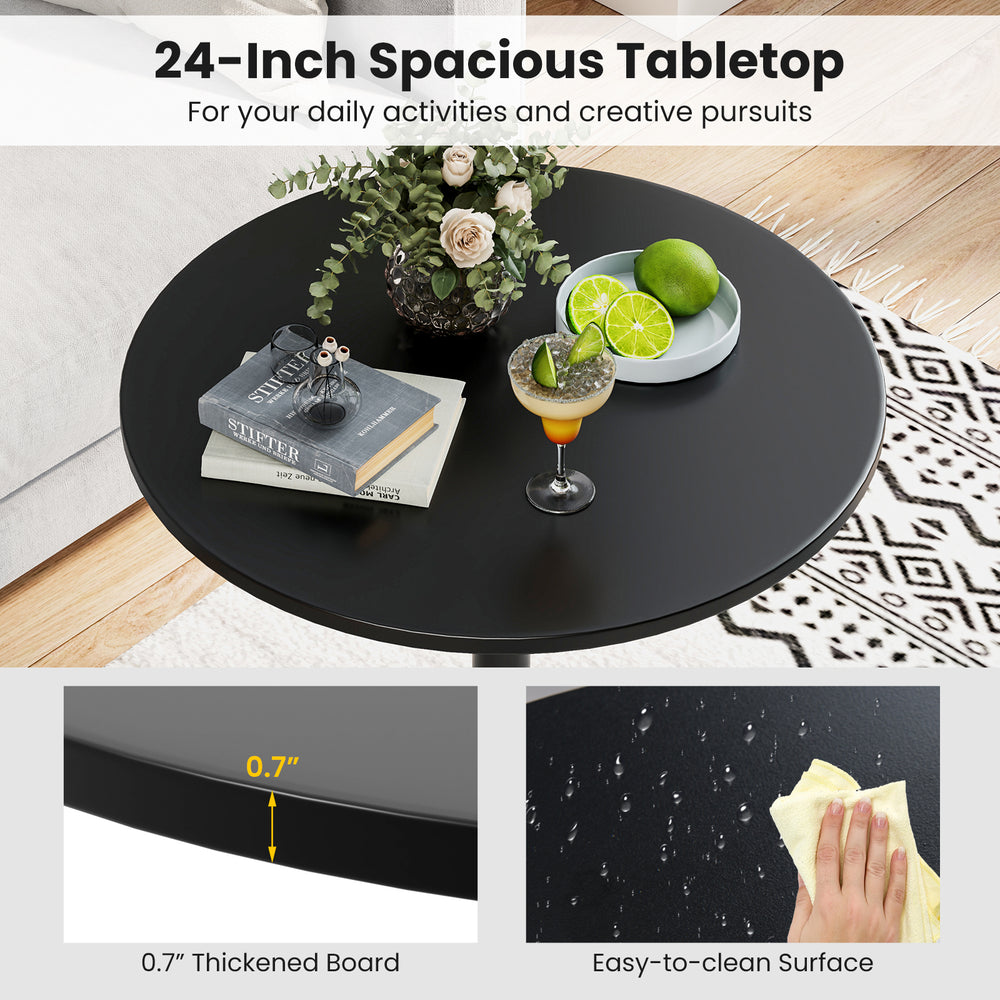 24-inch round cocktail table with black MDF top and metal base, featuring an elegant obsidian pattern for versatile use.