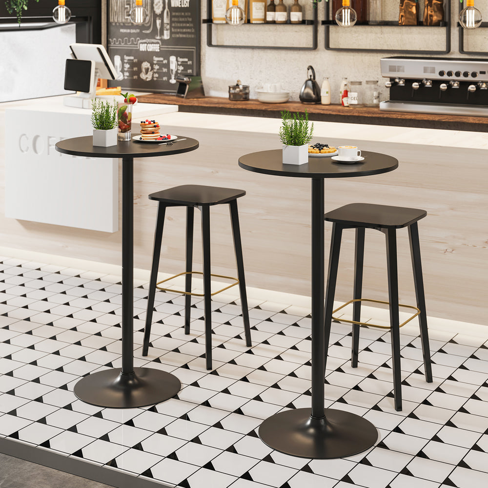 Modern 24-inch round cocktail table with black metal base and MDF top, ideal for bars and home gatherings.