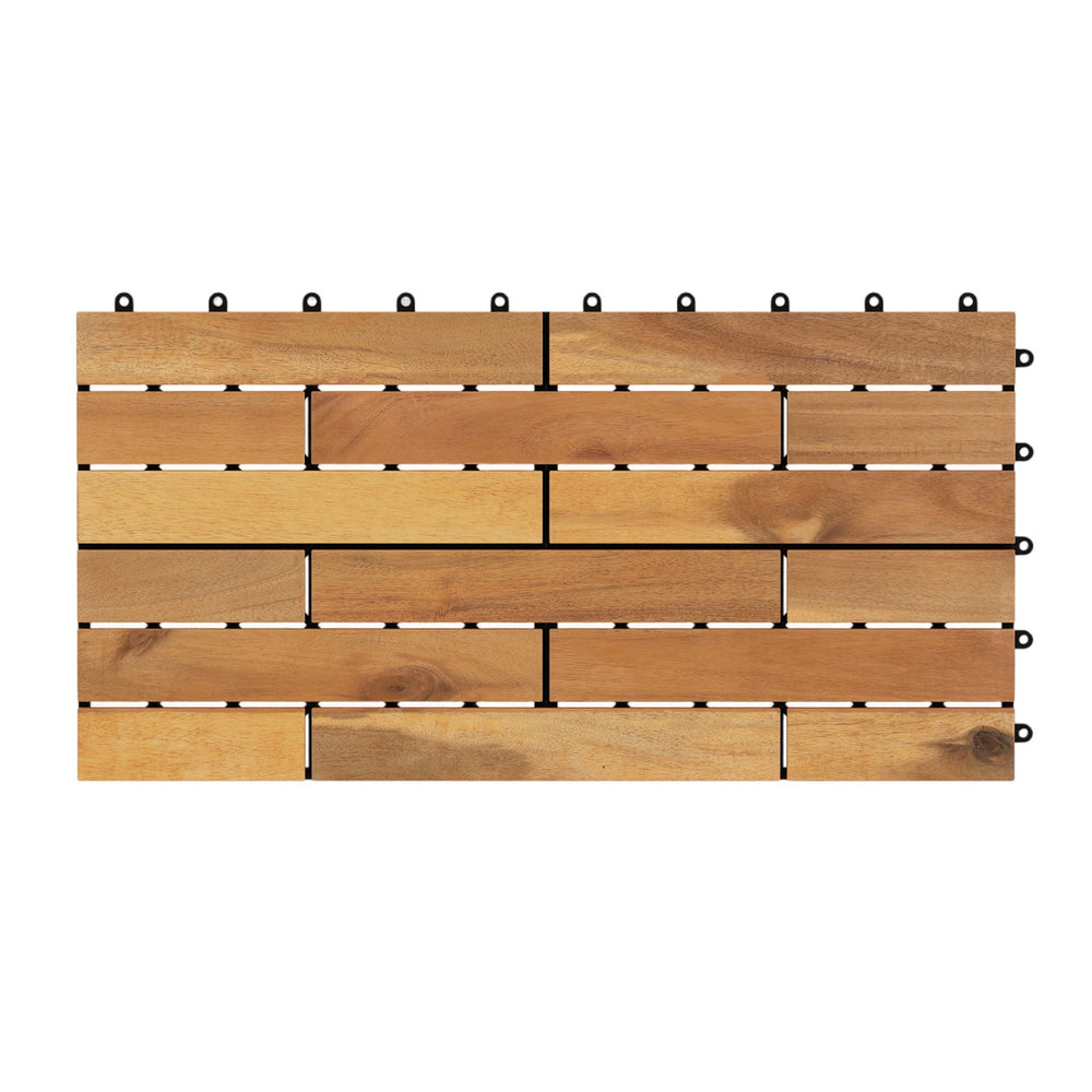 Acacia wood interlocking deck tiles, 24 x 12 inches, designed for easy setup and waterproof use on patios or balconies.