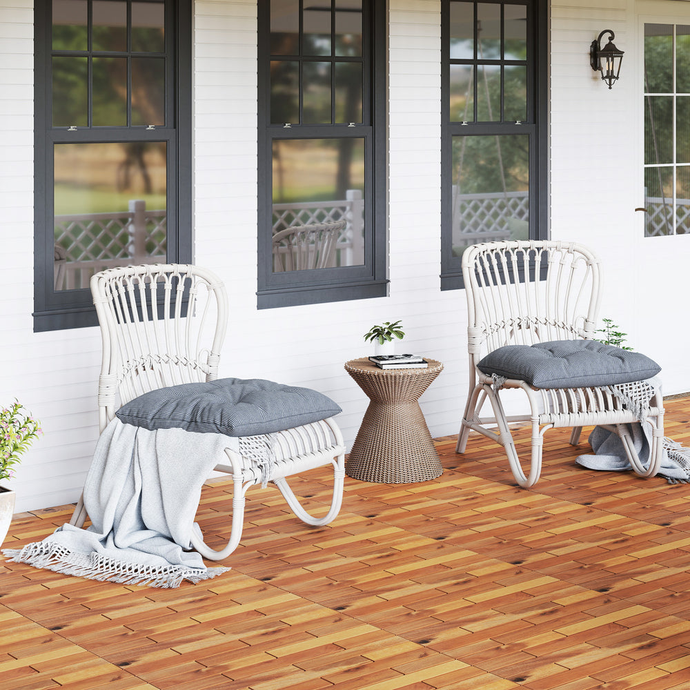 Acacia wood interlocking deck tiles in natural finish, perfect for outdoor patios and balconies, showcasing waterproof.