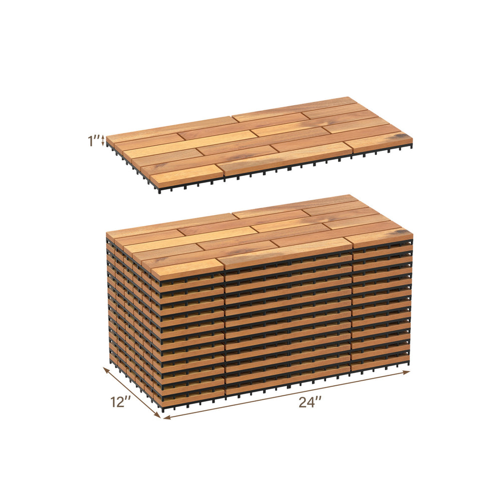 Acacia wood interlocking deck tiles, 24 x 12 inches, waterproof design, ideal for outdoor patios and balconies.