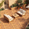 Acacia wood interlocking deck tiles in a natural finish, arranged on a patio for outdoor flooring.
