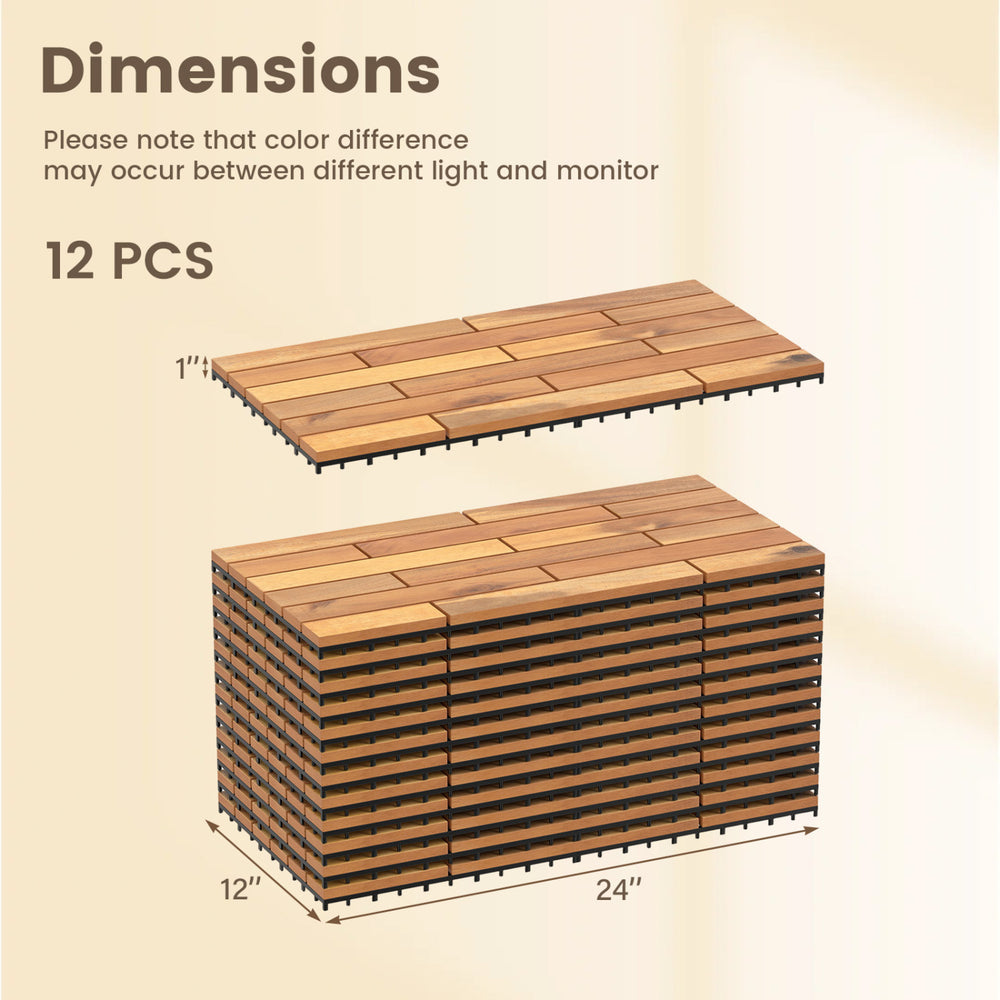 Acacia wood interlocking deck tiles, 24 x 12 inches, 12 pieces, showcasing waterproof design and dimensions.