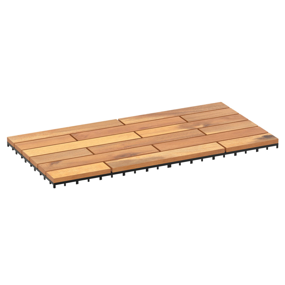 Acacia wood interlocking deck tile, 24 x 12 inches, featuring a waterproof design for outdoor and indoor use.