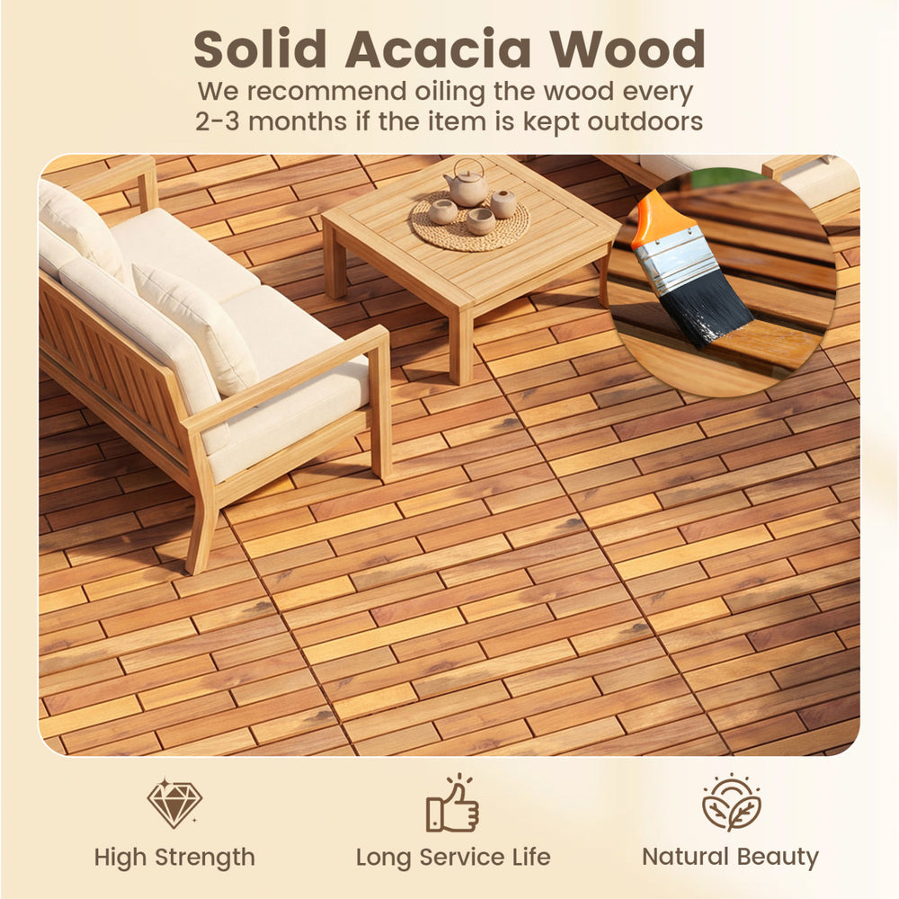 Acacia wood interlocking deck tiles in a natural finish, showcasing waterproof design for outdoor patios and balconies.