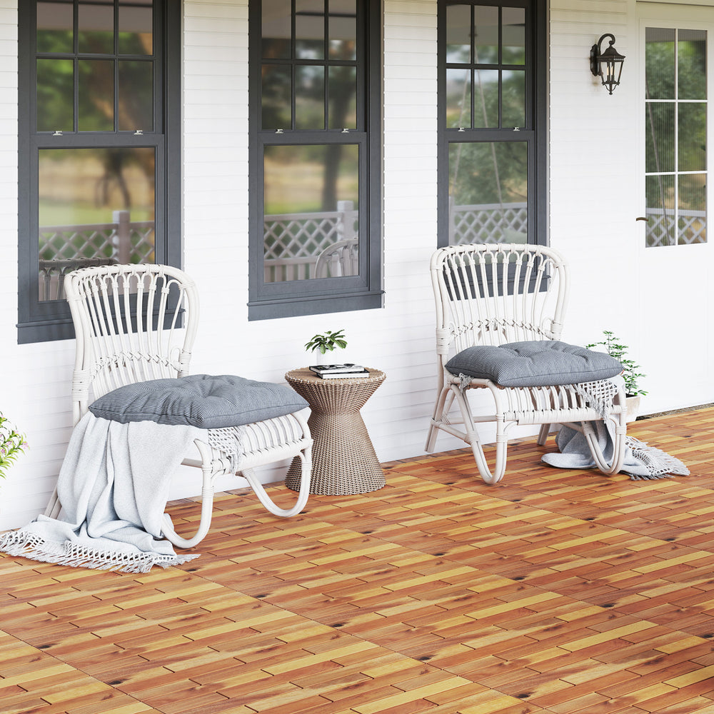 Acacia wood interlocking deck tiles in a natural finish, ideal for outdoor patios and balconies, showcasing waterproof.