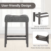 Gray 24-inch saddle bar stool with padded seat, button-tufted design, and non-slip foot pads for floor protection.
