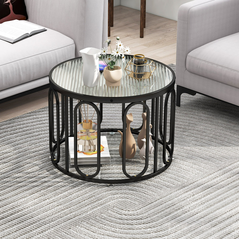 24 Inch Round Coffee Table with Reeded Tempered Glass Top and Oval Swivel Brackets-Black - Gallery View 1 of 10