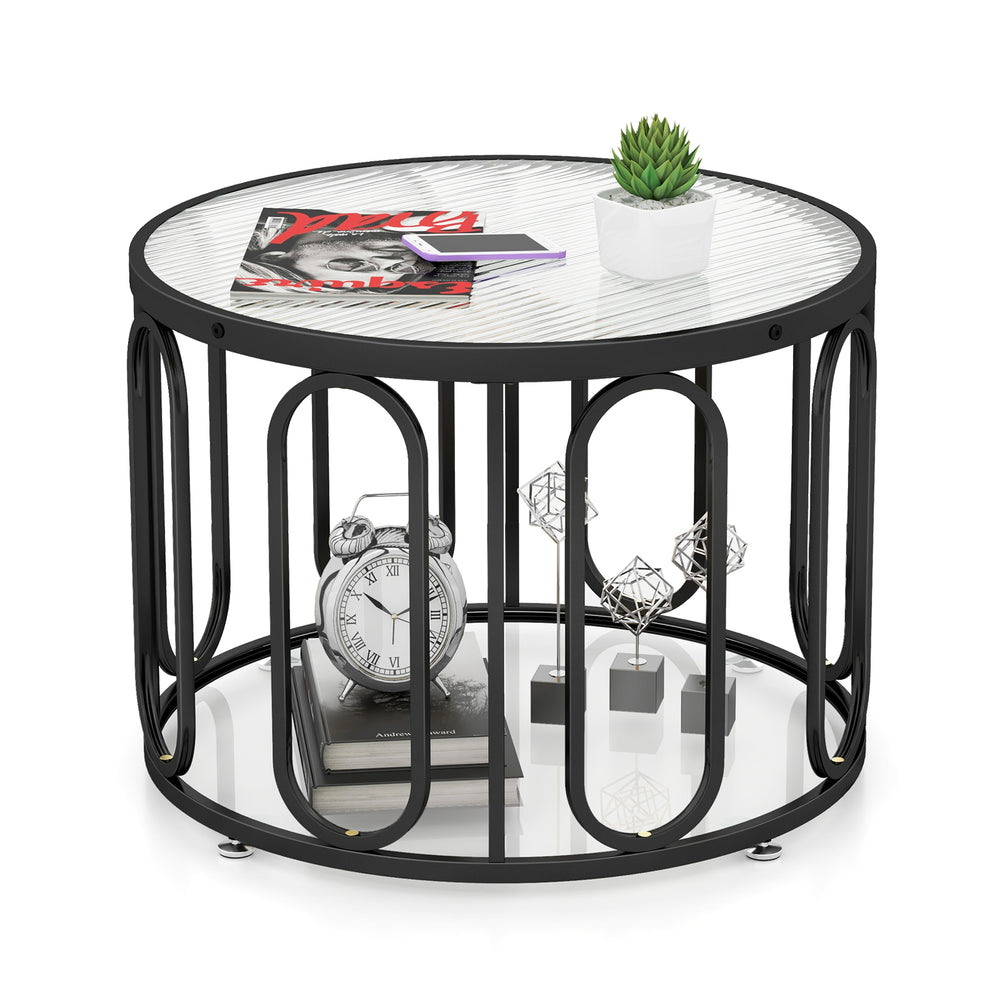 Round black coffee table with reeded tempered glass top, featuring 2-tier storage and 360° swivel brackets for.