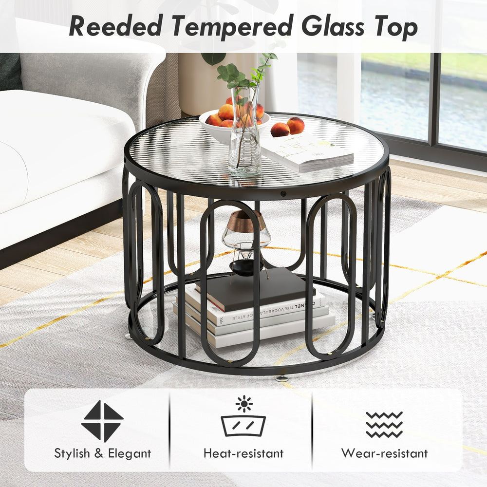 Detail view of the reeded tempered glass top on a 24-inch round coffee table, highlighting its textured design and.