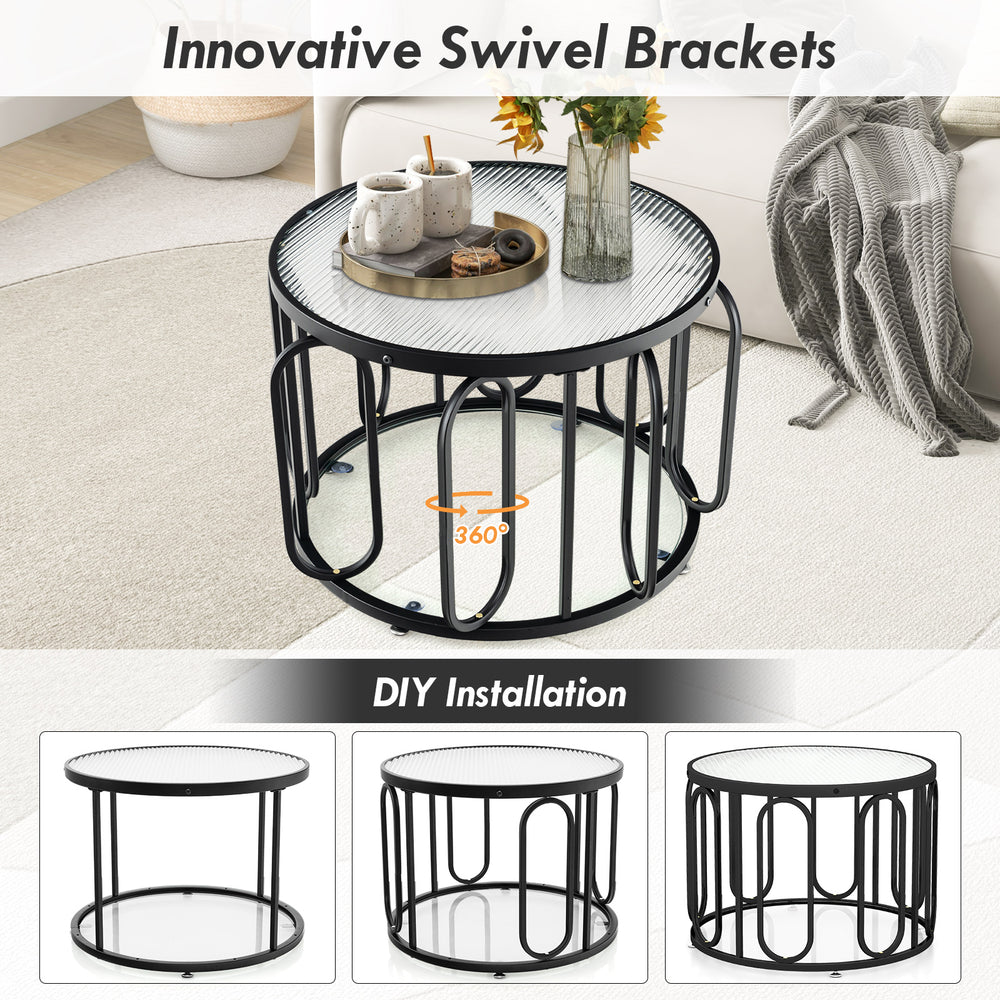 24-inch round coffee table showcasing reeded tempered glass top and unique black oval swivel brackets for customizable.