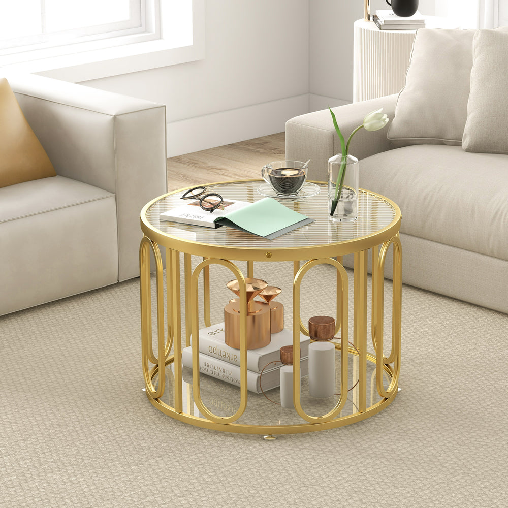 24 Inch Round Coffee Table with Reeded Tempered Glass Top and Oval Swivel Brackets-Golden - Gallery View 1 of 10