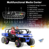 24V navy ride-on kids car with remote control, dump bed, and multifunctional media center for fun outdoor play.