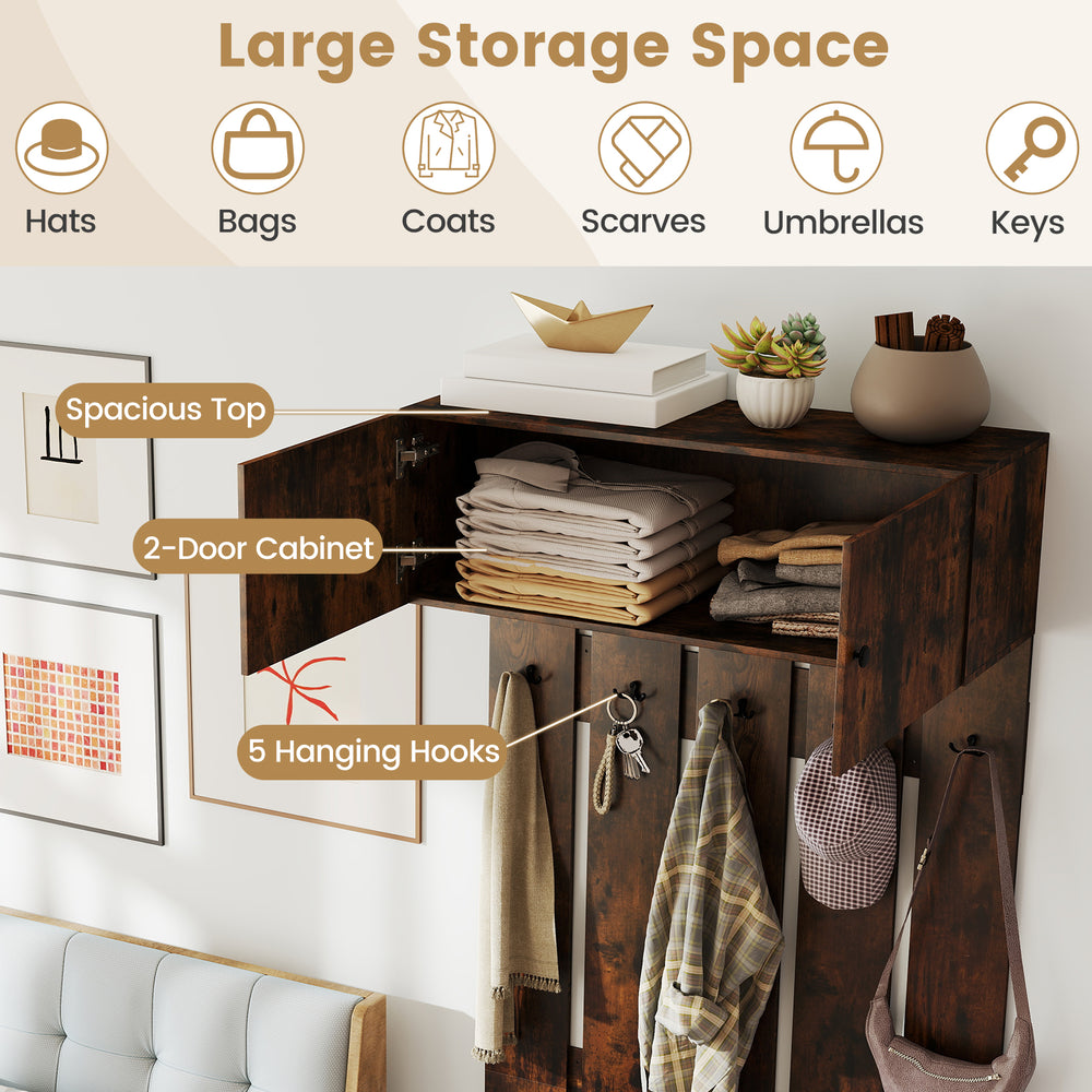Wall-mounted coat rack in rustic brown with 5 hooks and upper storage cabinet, ideal for entryways and compact spaces.