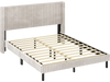Queen size velvet bed frame with vertical channel tufted wingback headboard in white, perfect for modern bedroom decor.