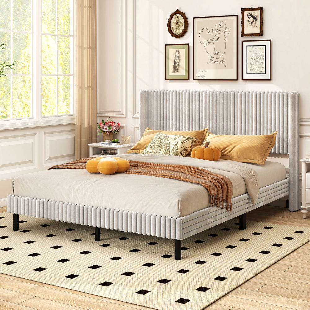 Queen size velvet bed frame with vertical channel tufted wingback headboard in white, featuring plush upholstery and.