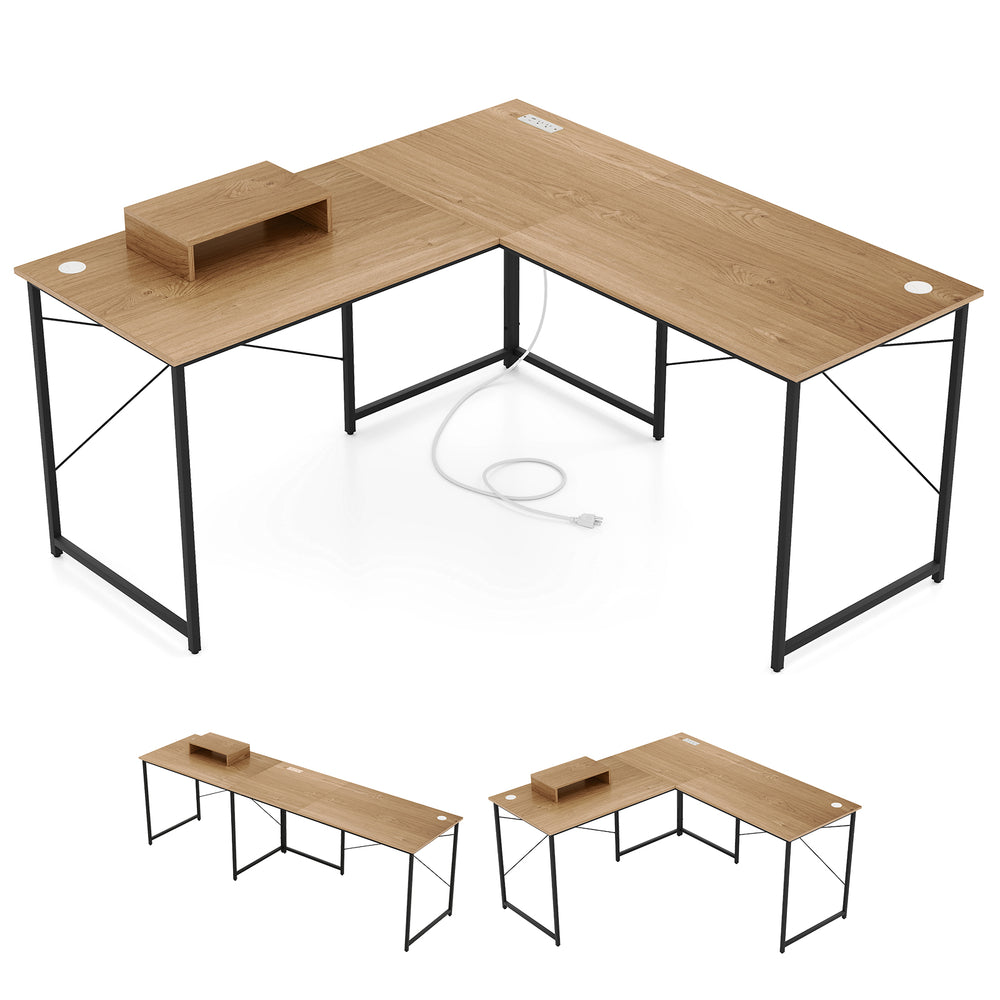 L-shaped desk with monitor shelf, heavy-duty steel frame, and cable management for a smart office setup.