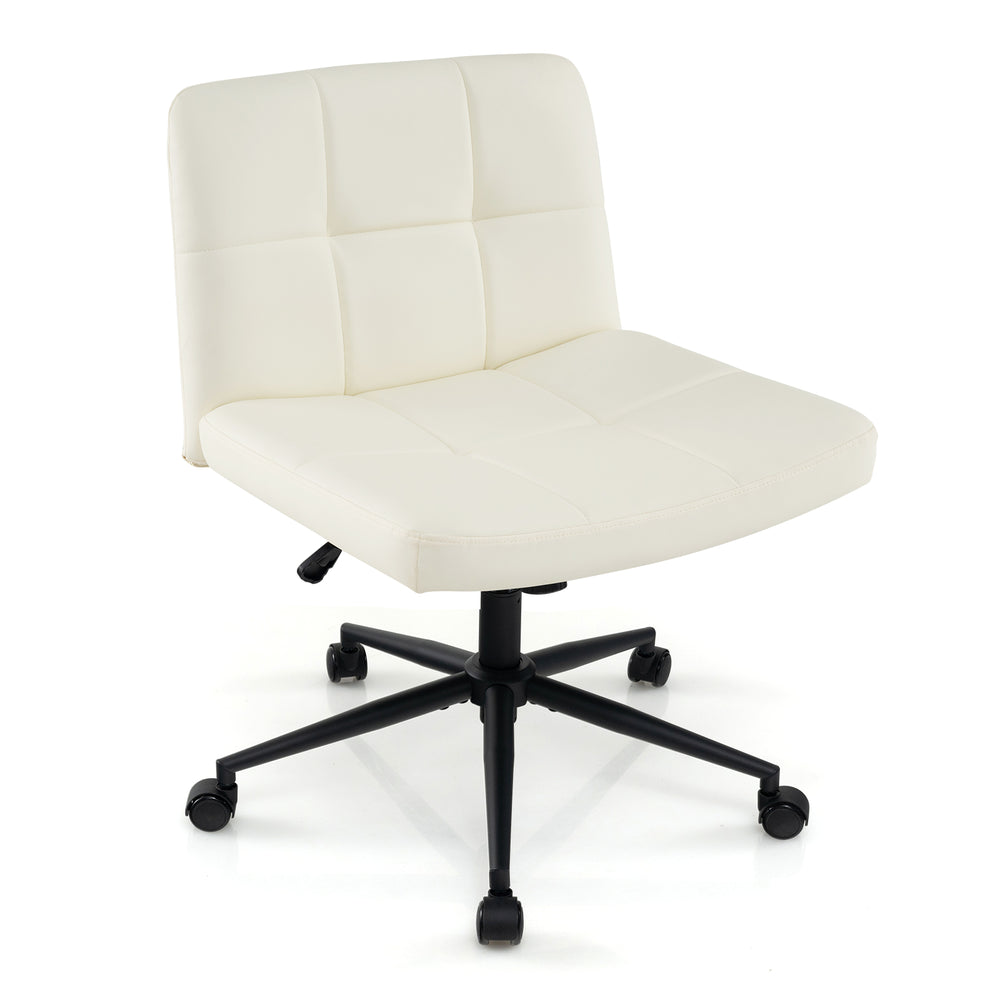 White swivel office chair with adjustable height, featuring a padded seat and heavy-duty steel frame for comfort and.