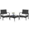 3-piece patio furniture set featuring hand-woven PE rattan chairs with soft cushions and a stylish coffee table for.