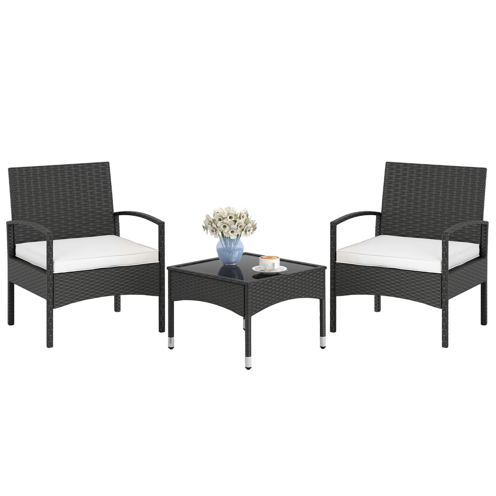 3-piece patio furniture set featuring hand-woven PE rattan chairs with soft cushions and a stylish coffee table for.