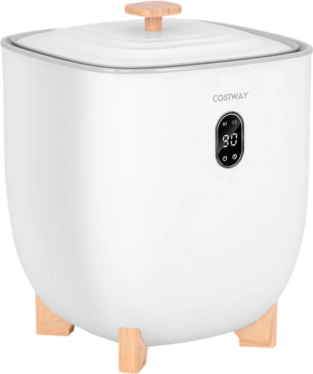 25L towel warmer bucket in white with wooden legs, featuring LCD display and two temperature settings for quick heating.