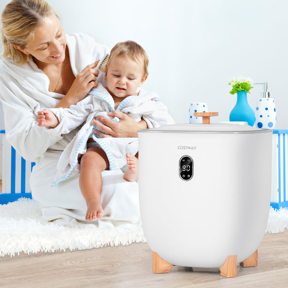 Towel warmer bucket with LCD display and wooden feet, designed for heating towels and blankets in just 6 minutes.