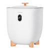 25L towel warmer bucket in white with wooden legs, featuring LCD display, 2 temperature settings, and auto shut-off.