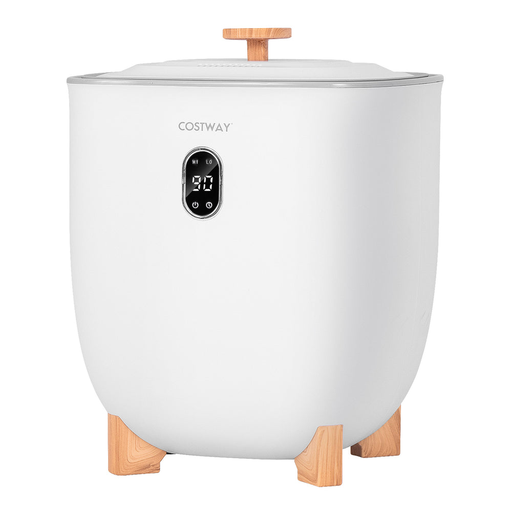 25L towel warmer bucket in white with wooden legs, featuring LCD display, 2 temperature settings, and auto shut-off.
