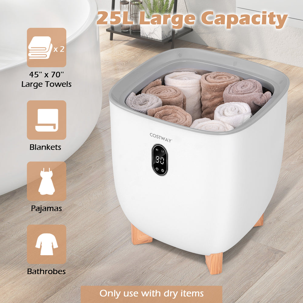 25L towel warmer bucket in white with towels inside, featuring dual temperature settings and a sleek design for home.