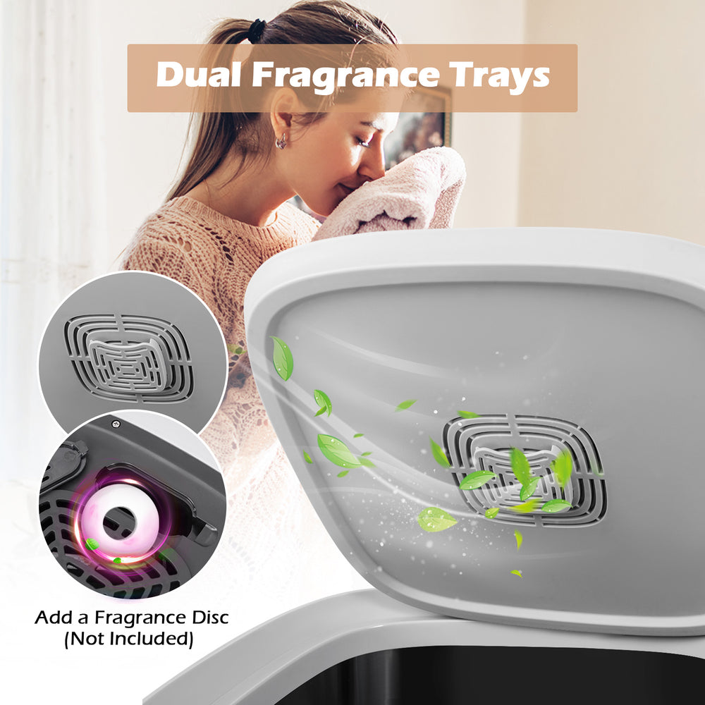 Towel warmer bucket with dual fragrance trays, stainless steel inner, and intuitive LCD panel for easy operation.