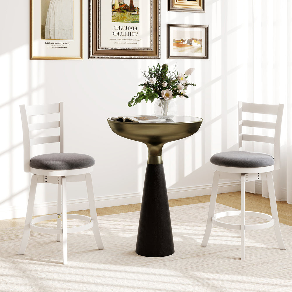Set of two 25" swivel barstools with upholstered seats in gray, featuring a sturdy rubberwood construction for comfort.