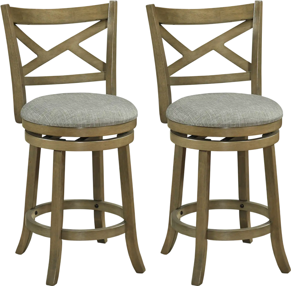 Set of 2 swivel bar stools with wood frame, curved backrest, and thick linen cushions for comfortable seating.