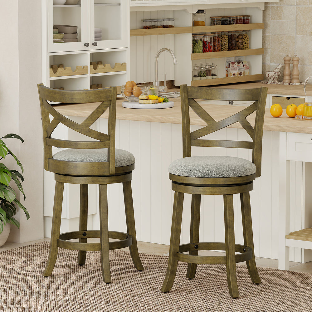 Set of 2 25-inch swivel bar stools with curved backrests, wood frame, and thick cushioned seats for kitchen comfort.