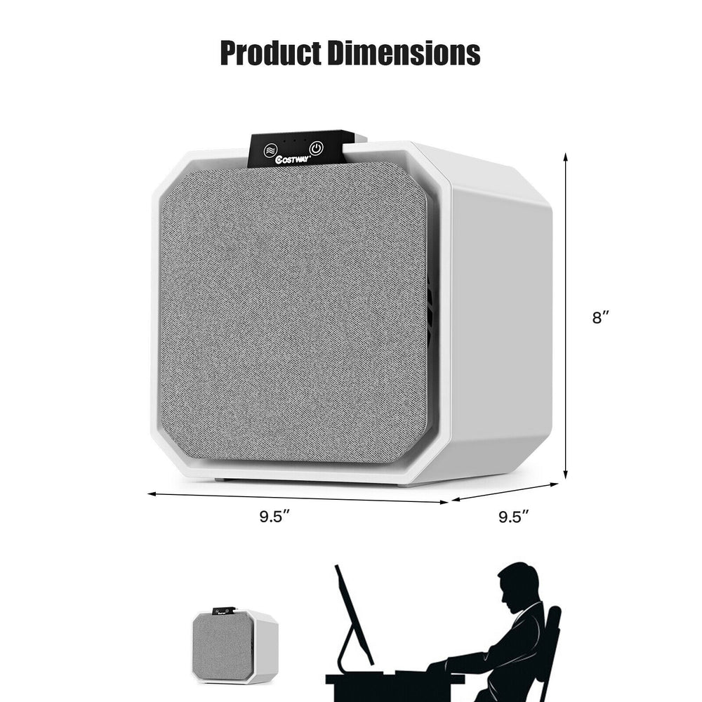 Desktop HEPA air purifier with 2-in-1 filter, 9.5" dimensions, suitable for home and office use, quiet operation.