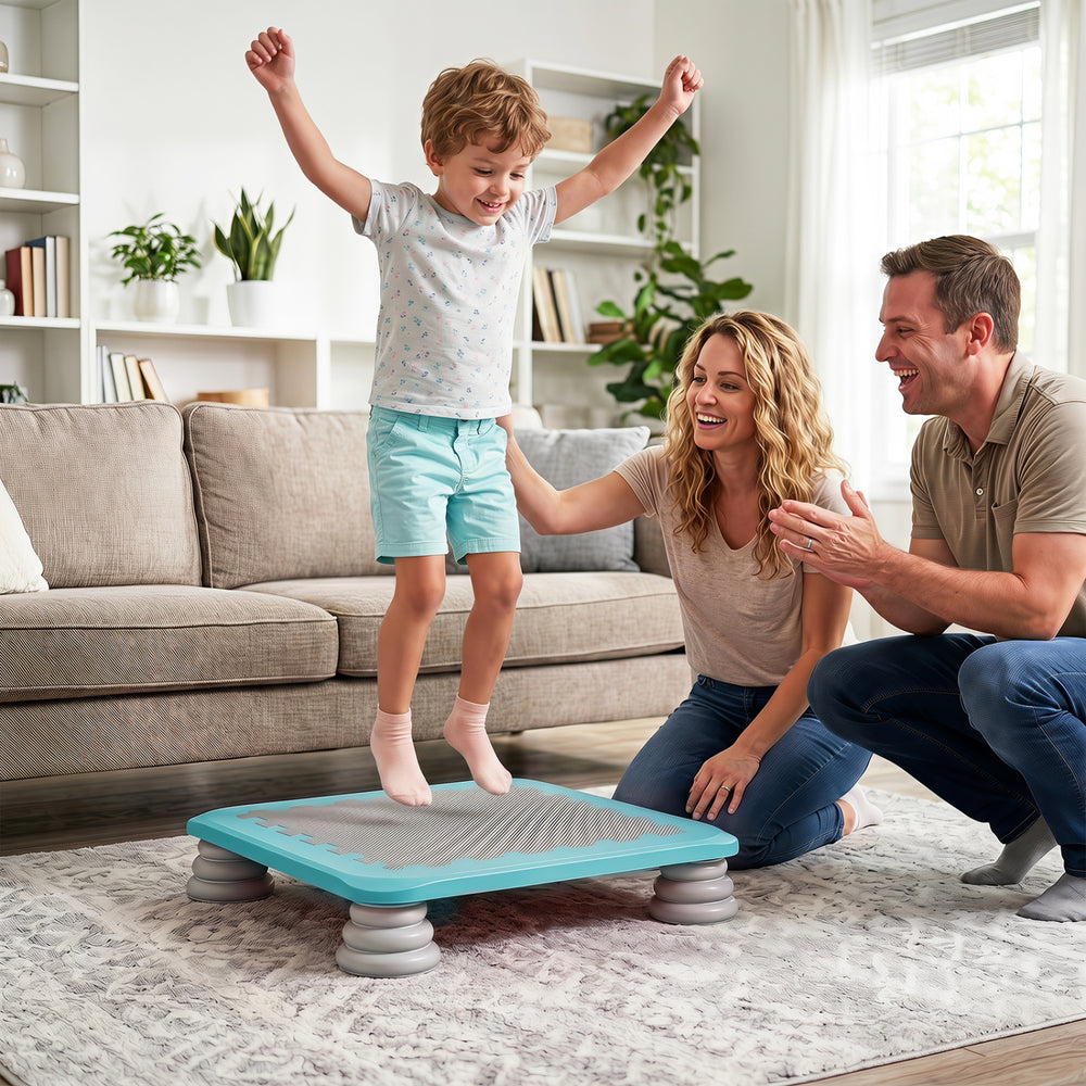Kids' 25.5" mini trampoline with non-slip foot pads, perfect for indoor and outdoor sensory balance play.