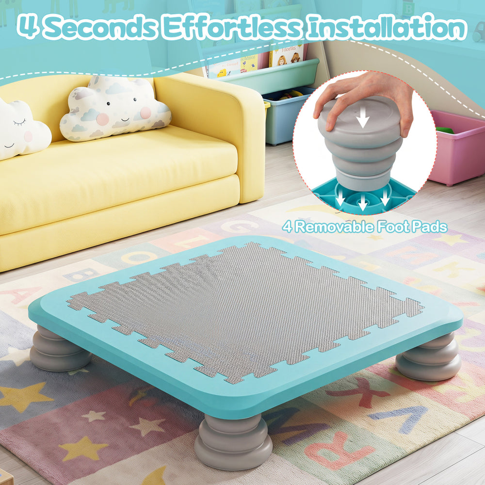 Mini trampoline for kids with a 25.5" bouncing board and four removable non-slip foot pads for indoor and outdoor fun.