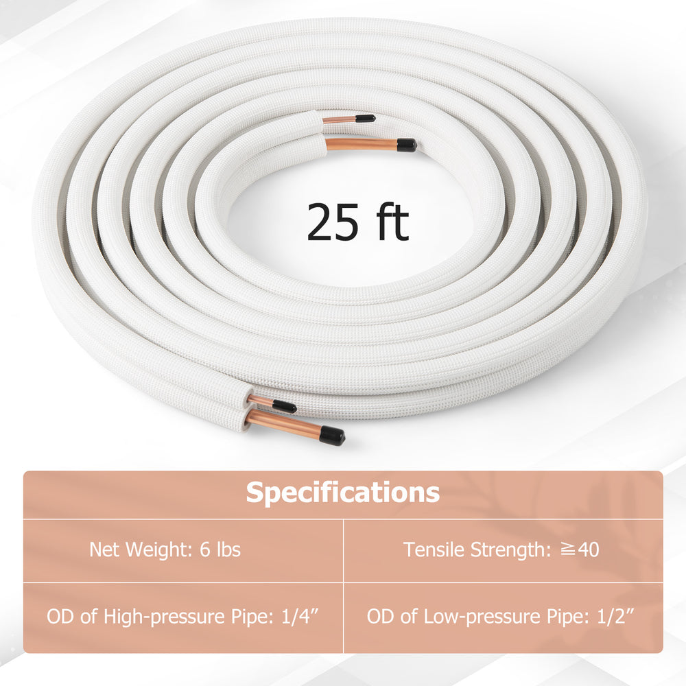 25 ft mini split line set featuring 1/4" and 1/2" O.D. copper pipes with 3-layer insulation for superior thermal.