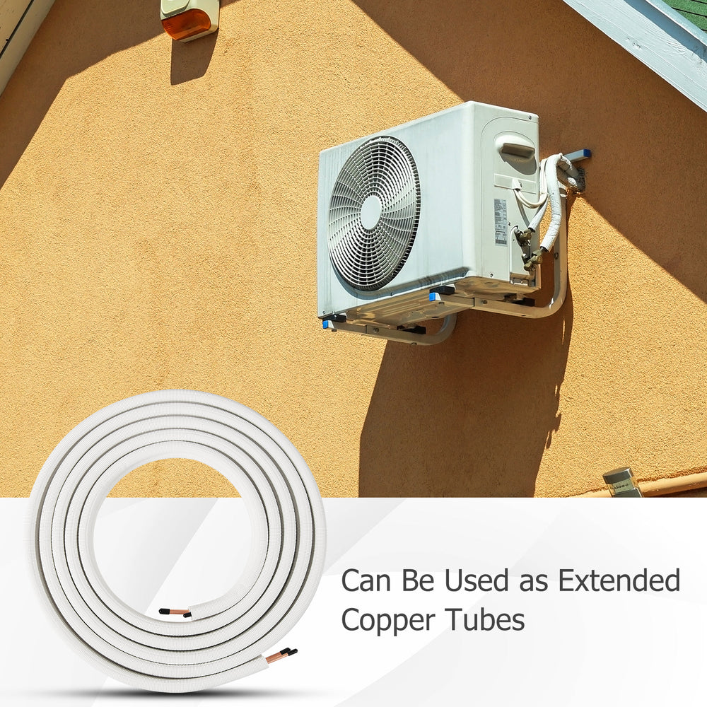 25 feet mini split line set featuring 1/4" and 3/8" O.D. copper pipes for superior thermal conductivity and insulation.