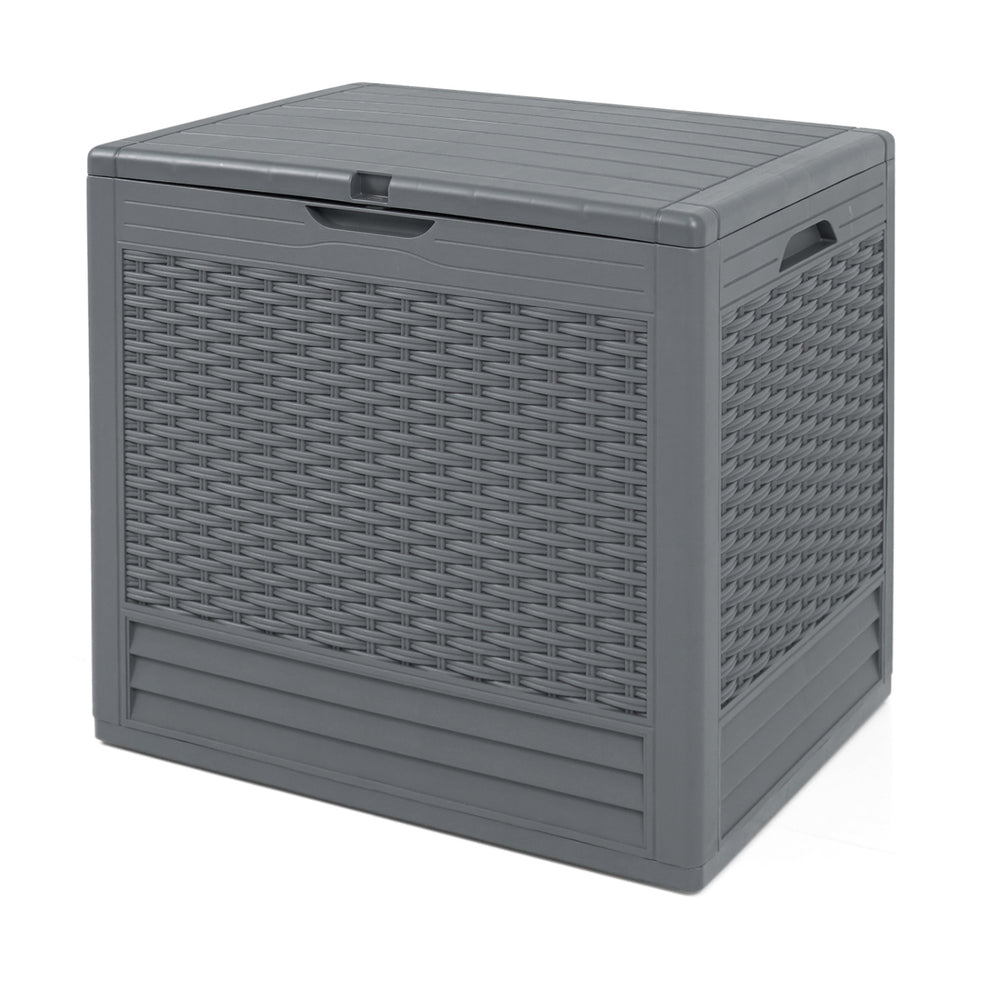 Gray 25-gallon outdoor storage box featuring rattan patterns, ideal for organizing patio essentials.