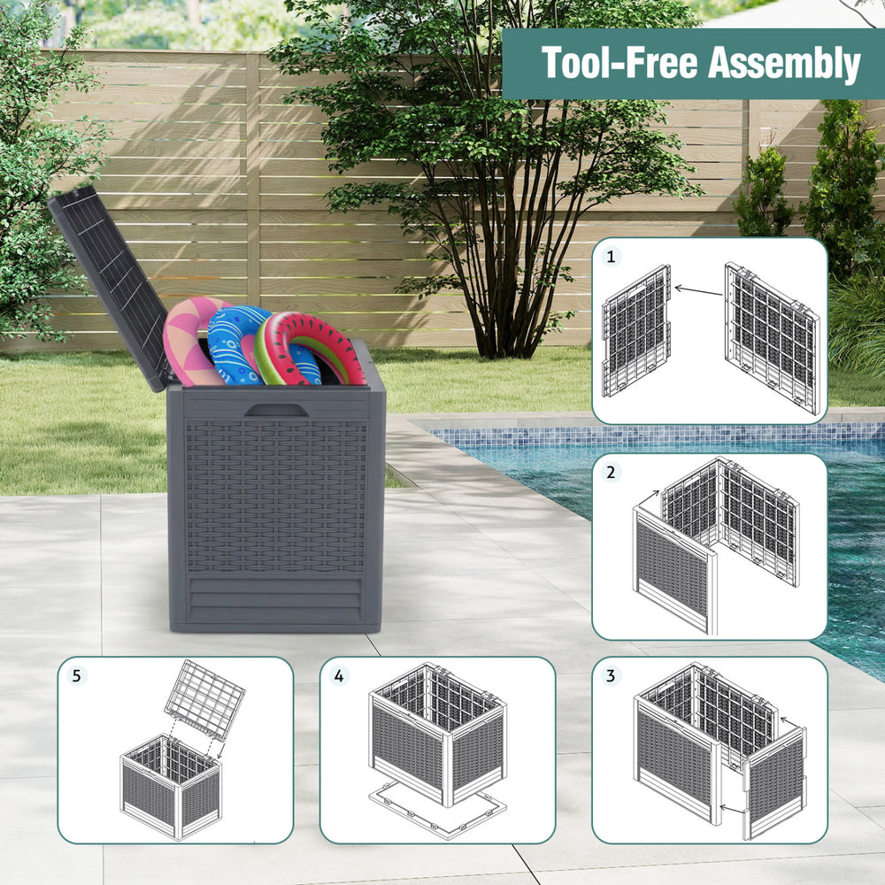 Gray 25-gallon outdoor storage box with rattan patterns, shown with tool-free assembly instructions by a poolside.