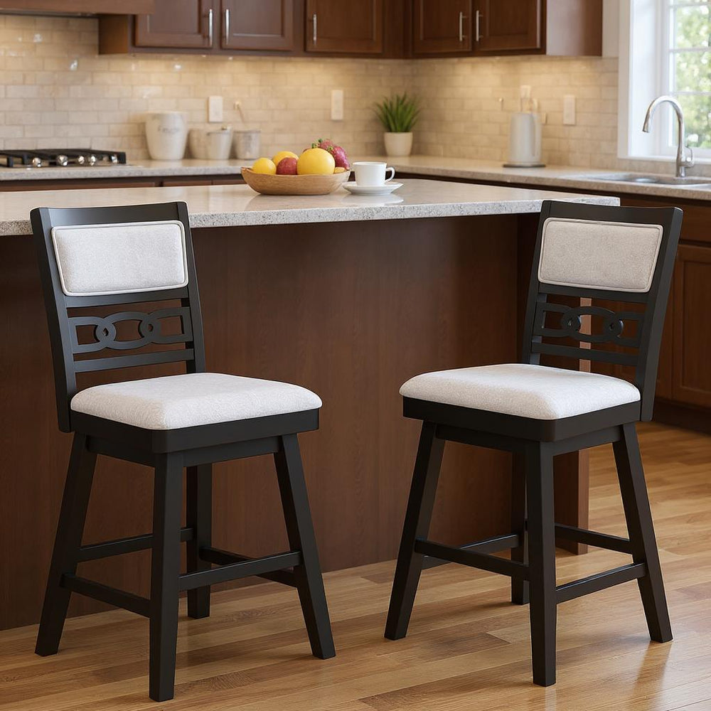 Set of 2 black 25-inch bar stools with upholstered backrest and 360° rotating seat, perfect for kitchen islands.