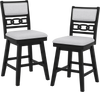 Set of 2 black 25-inch bar stools with upholstered backrest and 360° swivel seat, ideal for kitchen islands and cafes.