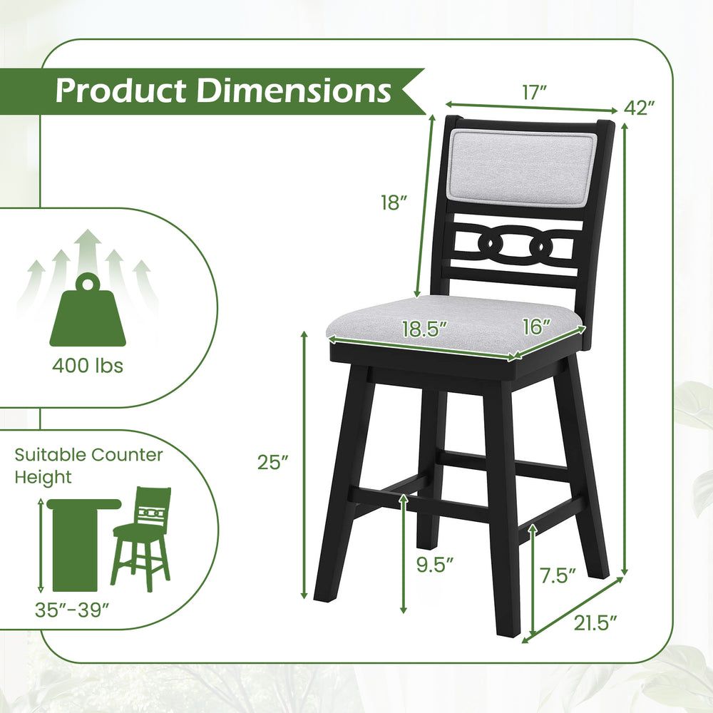 Bar stool dimensions showing a 25-inch height, black rubber wood frame, and upholstered backrest for kitchen counters.