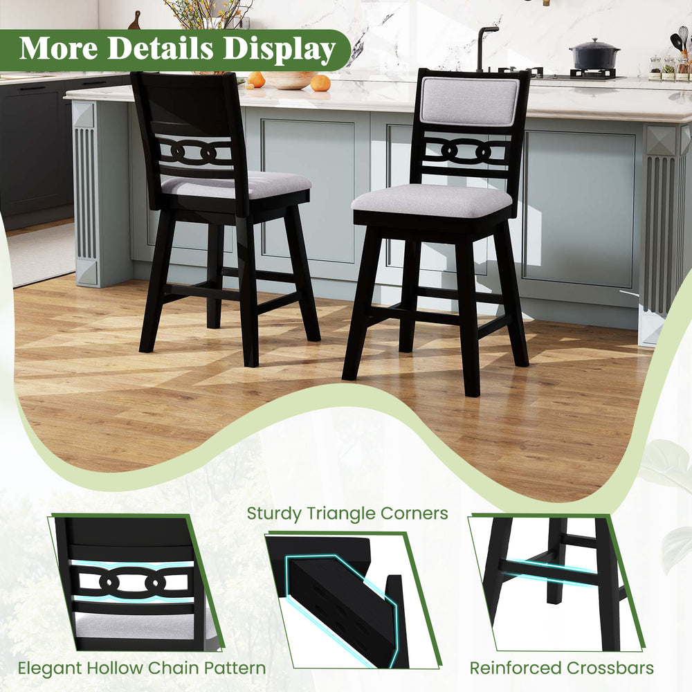Black 25-inch bar stools set of 2 with upholstered backrest, 360° rotation, ideal for kitchen islands and cafes.
