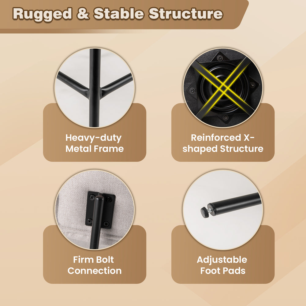 Rugged metal frame with reinforced X-shaped structure and adjustable foot pads for stability in beige swivel bar stool.